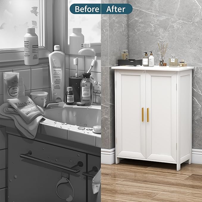 Bathroom Storage Floor Cabinet Freestanding Organizer with Adjustable Shelves for Bathroom Bedroom Laundry Room,2 Doors