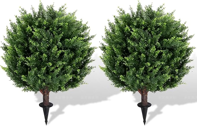 22''T Artificial Cedar Topiary Ball Tree 2 Pack, Artificial Bushes Fake Plants for Outdoor, Uv Resistance Rated Great for Outdoor, Indoor, Front Door Decor - Easy to Install.