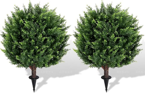 22''T Artificial Cedar Topiary Ball Tree 2 Pack, Artificial Bushes Fake Plants for Outdoor, Uv Resistance Rated Great for Outdoor, Indoor, Front Door Decor - Easy to Install.