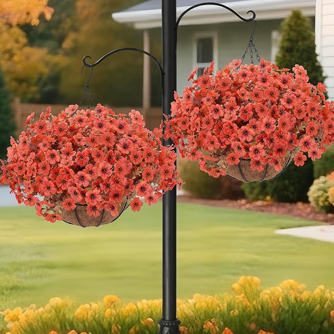 Geegoods 2 Set Artificial Hanging Basket Fall Flowers for Outdoor, Fake Faux UV Resistant Look Real Orange Mums Plants for Autumn Porch Patio Balcony Yard Home Decor