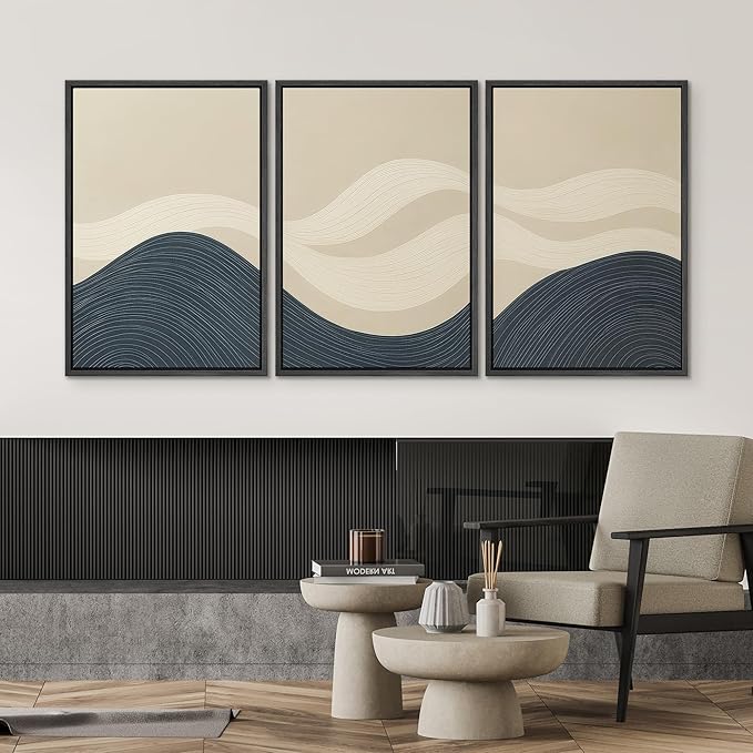 SIGNWIN Framed Wall Art Print Set Minimalist Blue and Beige Wave Modern Abstract Photography Modern Art Minimalist Closeup Dramatic for Living Room, Bedroom, Offic - 16"x24"x3 BLACK