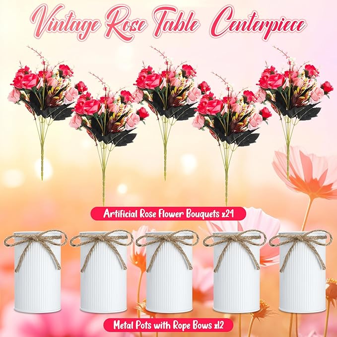 Domensi 12 Sets Wedding Centerpiece for Table Artificial Rose with Vase Fake Bouquets and Metal Pot Floral Arrangements for Holiday Party Event Table Decor (Rose Red)