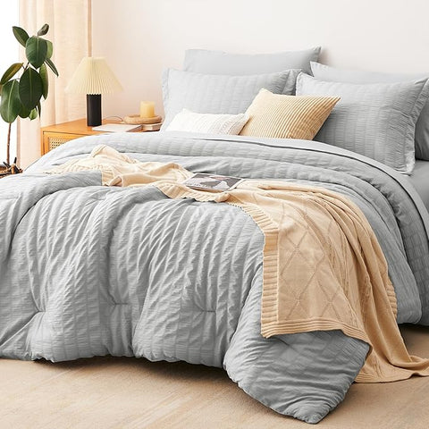 CozyLux King Size Comforter Set Light Grey Seersucker 7 Pieces Bed in a Bag King Comforter Set with Sheets, Luxury Bedding Set with Down Alternative Comforter, Sheets, Pillowcases & Shams All Seasons