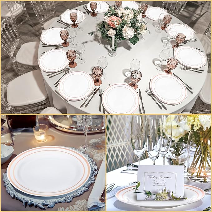 200 Pieces Disposable Plates Plastic Party Plates with Rim Hard Plastic Appetizer Salad Dessert 7.5 Inch Elegant Heavy Duty Tableware for Dinner Wedding Party Supplies(Rose Gold Rim)