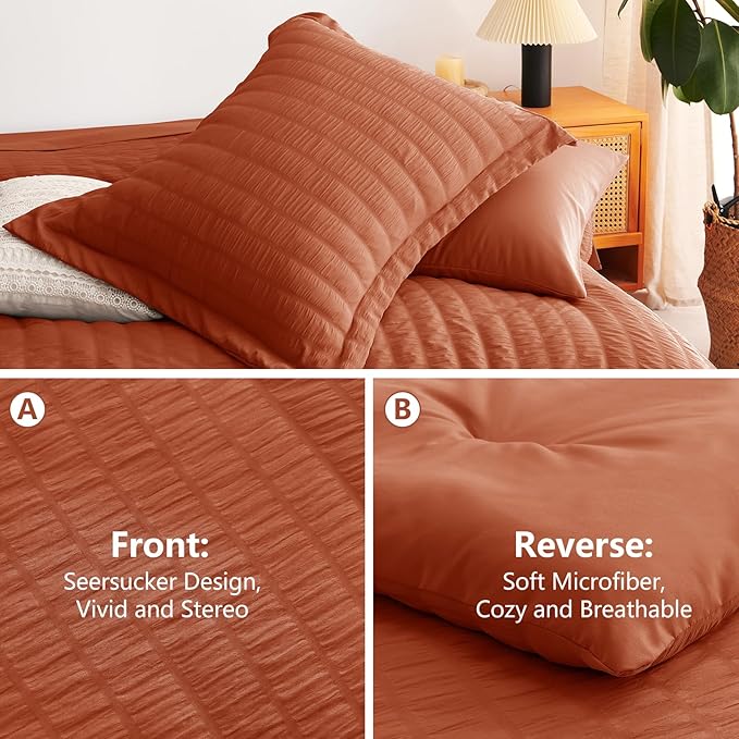 CozyLux Full Size Comforter Sets with Sheets Seersucker 7 Pieces Burnt Orange Bed in a Bag Luxury Terracotta Bedding Set with Down Alternative Comforter, Sheets, Pillowcases & Shams for All Seasons