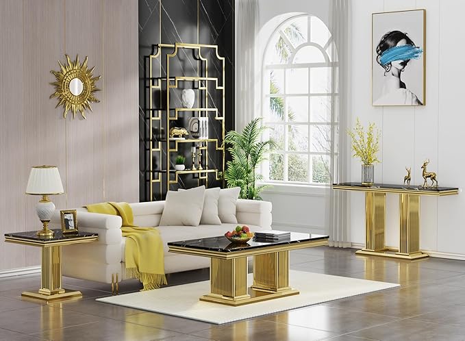 SSLine Rectangular Faux Marble Coffee Table for Living Room Modern Luxury Black Marble Center Table with Gold Pedestal Base 46.8" Mid-Century Cocktail Table with Mirrored Stainless Steel Frame