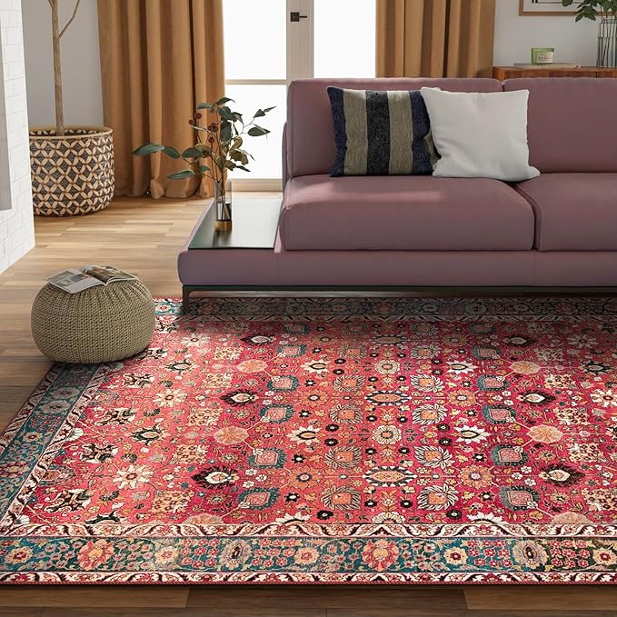 vivorug Washable Rug, Ultra Soft Area Rug 4x6, Non Slip Small Rug Carpet, Stain Resistant Rugs for Living Room Bedroom Entryway, Vintage Floral (Cherry Red/Spice, 4'x6')