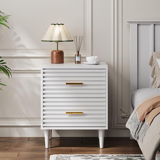 Alohappy Nightstands Set of 2, Mid Century Modern Night Stands, Fluted Bedside Tables for Bedroom, End Tables with Storage Drawers, Vintage Bed Side Table Wood Accent Table for Living Room, White 2pc