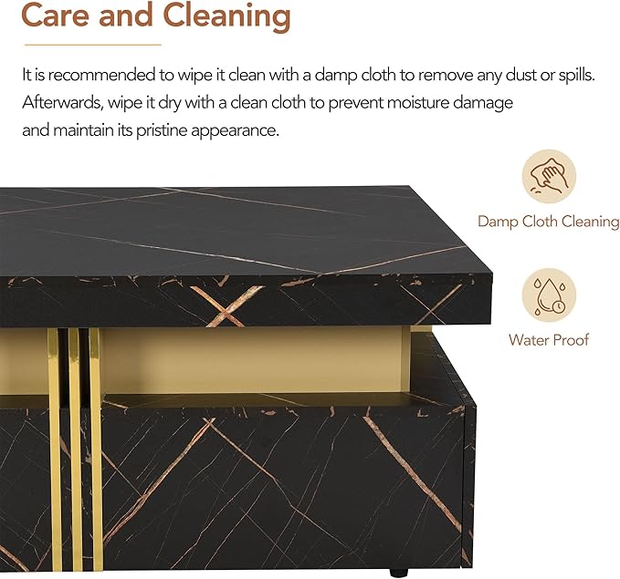 Merax Coffee Table, Modern Square Coffee Table with 4 Drawers, Contemporary Luxury Center Table Cocktail Table with Gold Accents for Living Room, 43.3" Lx 43.3" W (Black)