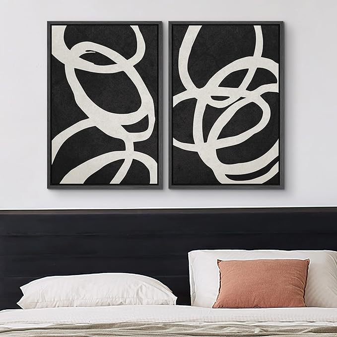 MUDECOR Framed Canvas Print Wall Art Set Black White Spiral Ring Circle Collage Abstract Shapes Illustrations Modern Art Decorative Contemporary for Living Room, Bedroom, Office - 24"x36"x2 Black