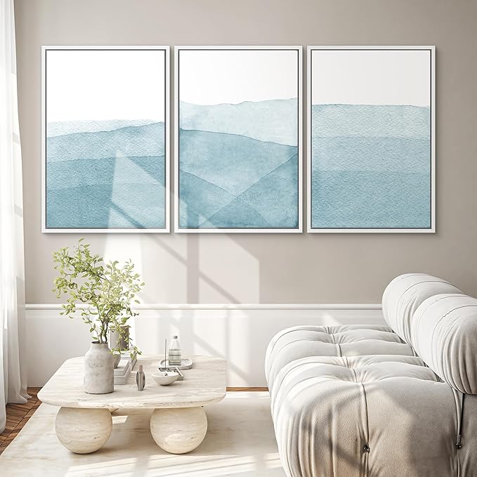 SIGNWIN 3 Piece Framed Canvas Wall Art Blue Wash Brushstroke Watercolor Nature Wilderness Illustrations Abstract Traditional Home Artwork Decoration for Living Room,Bedroom - 16"x24"x3 White