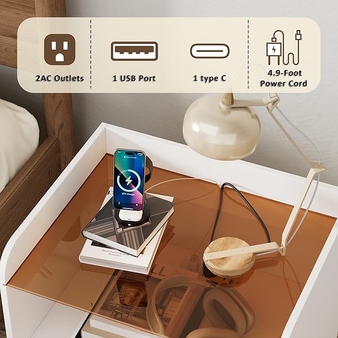 Fluted Nightstand with Charging Station and Glass Top, Modern Bedside Table with Metal Legs, Wood End Table for Bedroom, Living Room (White)