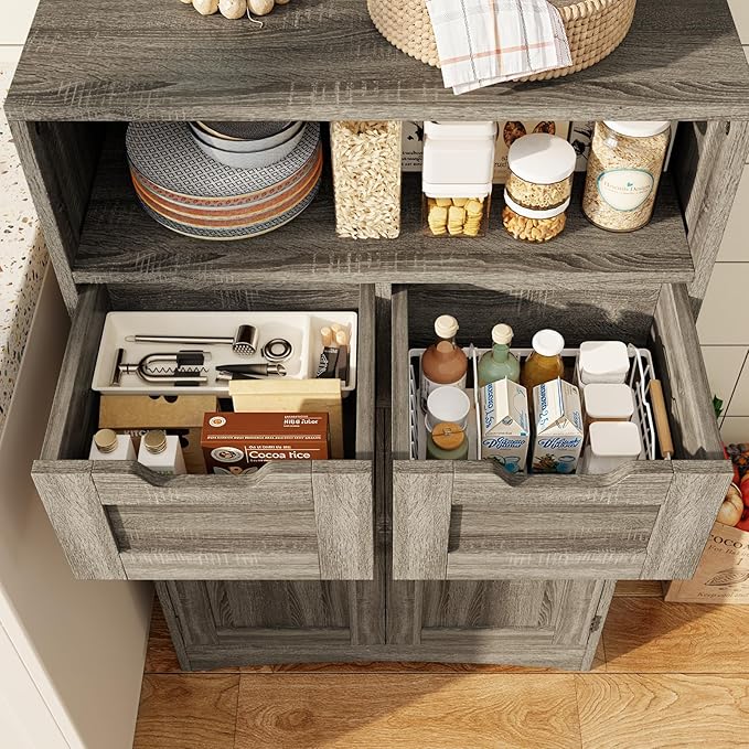Gizoon Storage Cabinet, Bathroom Cabinet with 2 Drawers and Adjustable Shelves, Freestanding Storage Organizer with Doors for Bathroom, Living Room, Kitchen, Home Office, Hallway