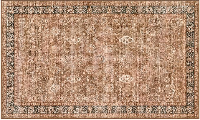 Morebes Vintage Washable 3x5 Rugs for Entryway, Boho Bedroom Area Rug Non Slip Aesthetic Soft, Distressed Non-Shedding Floral Carpet for Kitchen Foyer Bedside Playroom,Brown