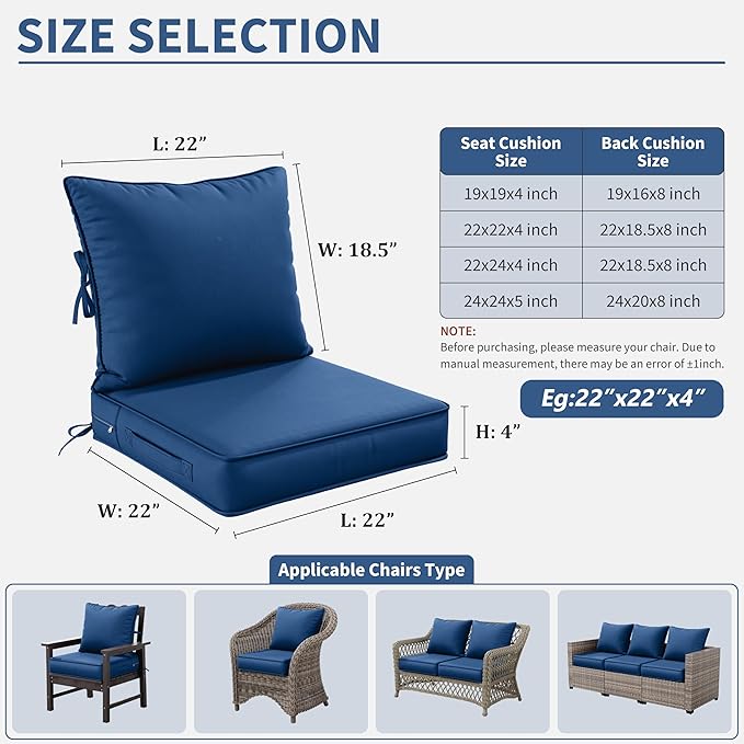 Premium Outdoor Seat Cushion Chair Cushions for Patio Furniture 22 L X 22 W X 4 H Waterproof & Fade Resistant Deep Seat and Backrest Cushion Set with Removable Covers for Chair, Sofa