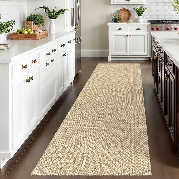 IOHOUZE Washable Runner Rug 3x10 Non Slip Rubber Backed Long Hallway Runner Entryway Runner Indoor, Kitchen Rugs Woven Cotton Floor Carpet for Hall Entrance, Warm Beige/Orange/Apricot