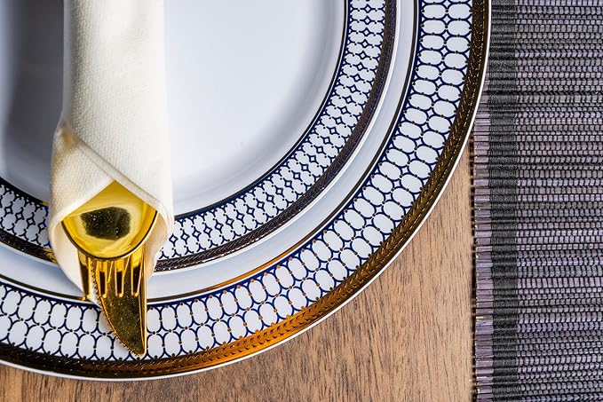 MONEST 350Pcs Blue and Gold Plastic Silverware Set for 50 Guests, Disposable Dinnerware Set includes: 50 Pre Rolled Napkins with Utensils, 50 Dinner Plates, 50 Dessert Plates, 50 Cups (Royal Sapphire)
