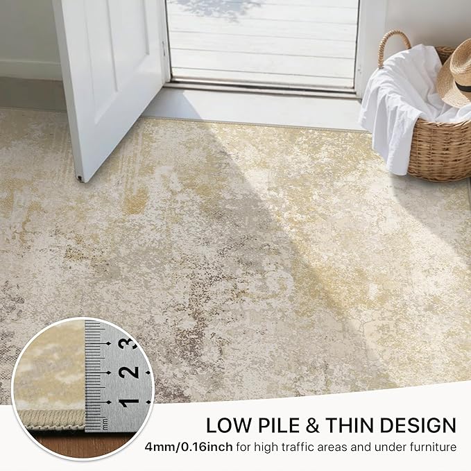 GENIMO 8x10 Washable Area Rugs for Living Room Bedroom, Modern Abstract Low Pile Soft Non Slip Rug, Contemporary Indoor Floor Carpet Cover for Dining Room Kitchen, Gray Gold