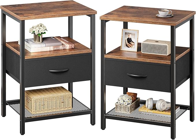 Huuger Nightstand Set of 2, Night Stand with Fabric Drawer, Mesh Shelf, Side Table with Storage, Fabric Drawer Dresser, Open Shelf, Metal Frame, Bedroom, Rustic Brown and Black