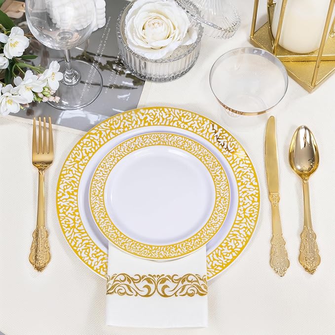 Festiva 350PCS Gold Plastic Dinnerware Set - Disposable Lace Gold Plates and Napkins Party Supplies - include plates,napkins,cups,silverware - Serve for 50 guests Party&Wedding&Easter