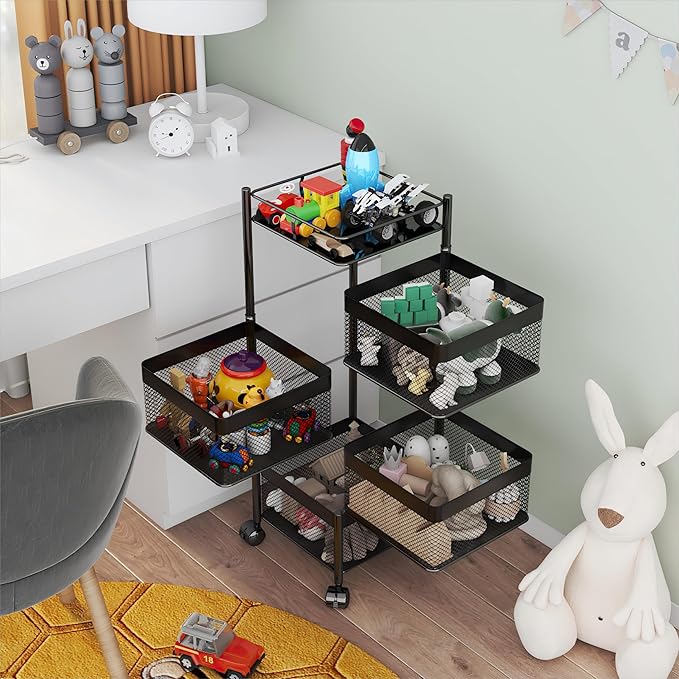 Rotating Kitchen Storage Rack，Bathroom Shelf，Kitchen Organization and Storage，Bathroom Storage Organizer，Fruit Basket，Rolling Carts with Wheels(Black, 4 Tier-Square)