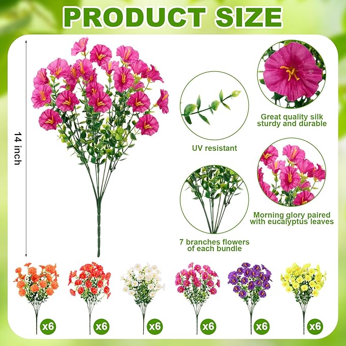 Zeyune 48 Pcs Artificial Hanging Flowers Plants for Outdoors Faux Hanging Plant Faux Silk Morning Glory with Eucalyptus Leaves Artificial Plants Summer Fall Decoration for Window Yard Garden Decor