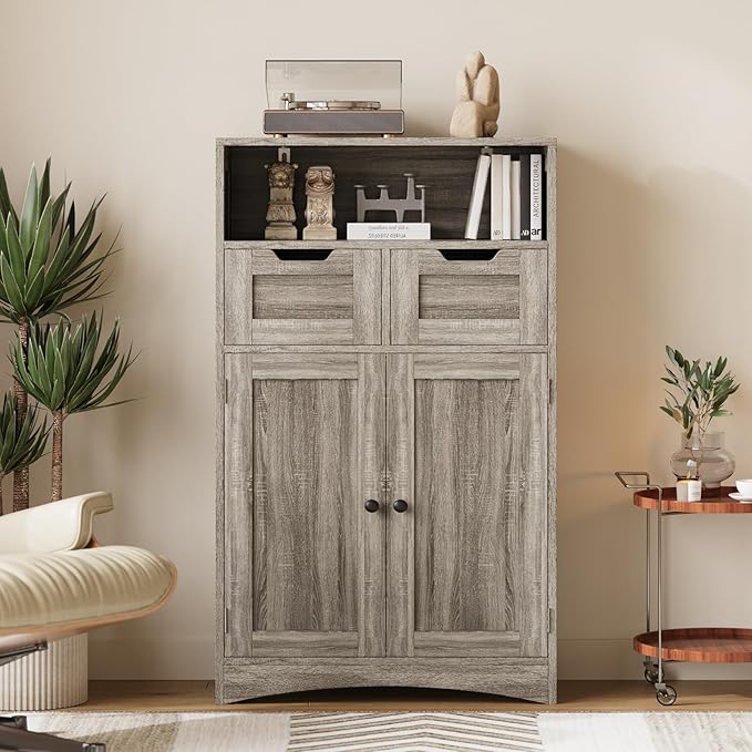 Gizoon Storage Cabinet, Bathroom Cabinet with 2 Drawers and Adjustable Shelves, Freestanding Storage Organizer with Doors for Bathroom, Living Room, Kitchen, Home Office, Hallway