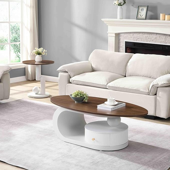 Marble Nesting Coffee Table Set of 2,Modern Oval Center Tea Table and Round Side Nightstand Set w/Drawer and Wood Tabletop and Metal Frame for Living Room Accent Furniture