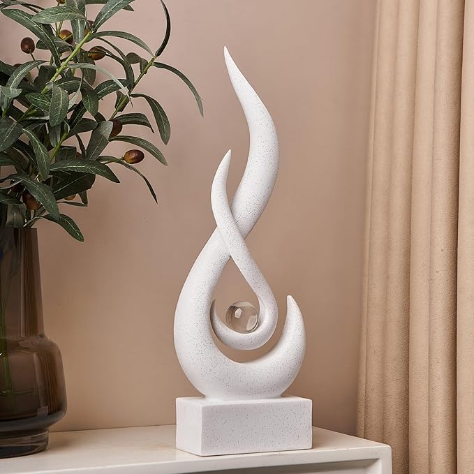 White Decor Modern Flame Statue Home Decorations for Living Room, 13.7" H Shelf Decor Accents, Abstract Art Resin Sandstone Sculpture for Dining Room Office Coffee Table Centerpiece (Sandstone White)