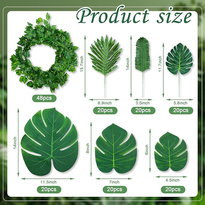 XunYee 48 Strands 165 ft Artificial Vines with Leaves Tropical Leaf Garland and 6 Style Fake Monstera Palm Leaves Decoration Faux Ivy Vines Bulk for Jungle Safari Baby Shower Plant Party Decoration