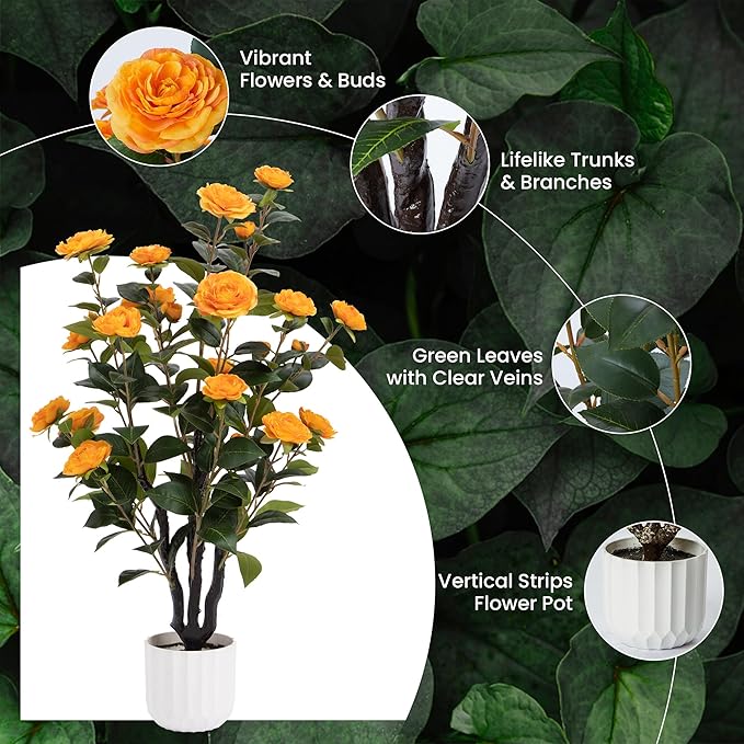 3.2FT Artificial Camellia Tree, Orange Silk Flowers, Indoor Faux Plants with Realistic Trunk in White Cement Pot for Home House Living Room Bedroom Office Decor, 1pc