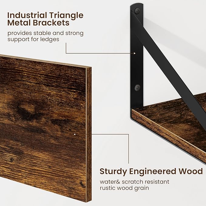 Fun Memories Floating Shelves for Wall, 12 Inch Deep Floating Shelves Set of 2, 16W x 12D Large Wall Shelf with Sturdy Metal Brackets for Living Room, Bathroom, Bedroom and Kitchen, Rustic Brown