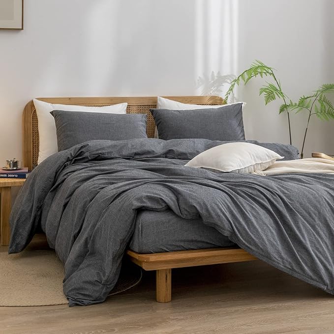 BESTOUCH Duvet Cover Set 100% Washed Cotton Linen Feel Super Soft Comfortable Chic Lightweight 3 PCs Home Bedding Set Solid Dark Black Cal King