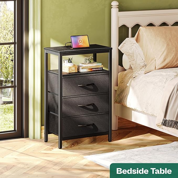 Huuger Nightstands Set of 2, 27.6 Inch End Tables with Charging Station, Bed Side Tables with Fabric Drawers, USB Port and Outlet, Night Stands for Bedroom, Black