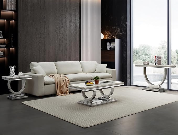 SSLine Rectangular Faux Marble Coffee Table for Living Room Modern Luxury White Marble Center Table with Silver Pedestal Base 46.8" Mid-Century Cocktail Table with Mirrored Stainless Steel Frame Legs