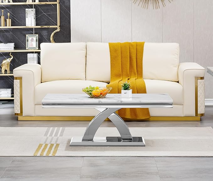 SSLine Rectangular Faux Marble Coffee Table for Living Room Modern Luxury White Marble Center Table with Silver Pedestal Base 46.8" Mid-Century Cocktail Table with Mirrored Stainless Steel Frame