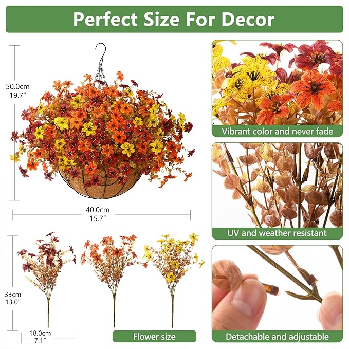 Artificial Flowers Fall Hanging Basket Plants for Outdoor Decorations, Fake Mums Faux Silk Flower UV Resistant Autumn Decor for Outside Garden Patio Front Porch Balcony Window (Orange Brown Yellow)