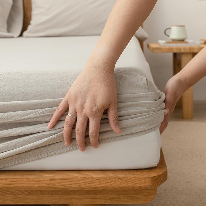 BESTOUCH Sheet Set 100% Washed Cotton Linen Feel Super Soft Comfortable Chic Lightweight 4 Pcs Home Bedding Set Solid Linen Grey Full