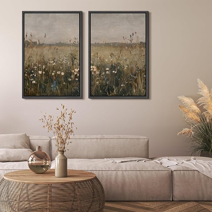 MUDECOR Framed Canvas Print Wall Art Set Golden Meadow Wildflowers Rustic Floral Field Landscape Illustrations Modern Art Decorative Bohemian Zen for Living Room, Bedroom, Office - 16"x24"x2 Black