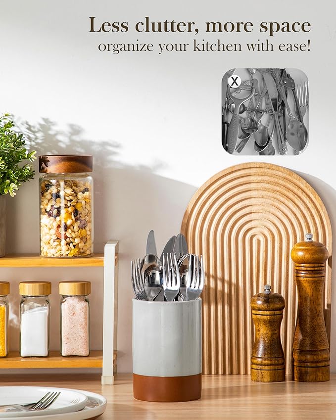 MALACASA Utensil Holder, 5.5" Ceramic Kitchen Utensil Holder for Countertop, Cooking Utensil Crock for Kitchen Counter, Farmhouse Utensil Organizer for Spatula & Spoon, Khaki Gray, Series TARA
