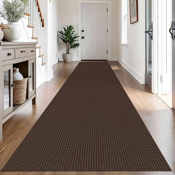 IOHOUZE Washable Exrea Long Hallway Runner Rug 3x14 Non Slip Rubber Backed Kitchen Runner Entryway Runner Indoor, Woven Rugs Floor Carpet for Kitchen Hall Entryway Stair,Brown