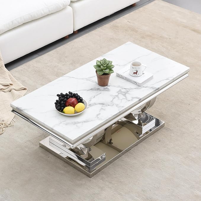 SSLine Rectangular Faux Marble Coffee Table for Living Room Modern Luxury White Marble Center Table with Silver Pedestal Base 46.8" Mid-Century Cocktail Table with Mirrored Stainless Steel Frame Legs