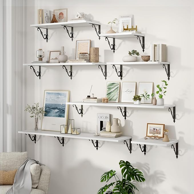 Floating Shelves for Wall, 24"W x 8"D Wall Shelves, 12 Inch Deep Floating Shelf with Bracket, 24 Inch Floating Shelves for Living Room and Bathroom, Display & Storage Shelves, White, Set of 2