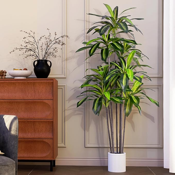 Artificial Dracaena Tree Indoor, 6FT Tall Faux Tree with Natural Wood Trunk and Lifelike Leaves, Tall Artificial Plants Indoor, Fake Plants for Home, Office, Living Room Decor