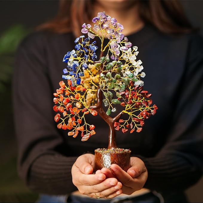 Crystal Tree of Life with Seven Chakra Tumble Hanging, 7 Chakra Healing Crystal Tree, Office Desk Decor, Room Decor, Bonsai Trees for Positive Energy, Money, Good Luck Birthday Gifts for Women 10-12"