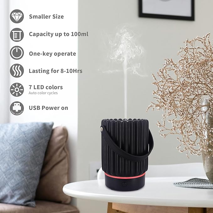 Essential Oil Diffuser - Multifunction Aromatherapy Diffuser 7 LED Color Changing Light 100ML Ceramic Diffuser Easy to Clean Suitable for Home,Office(Black)