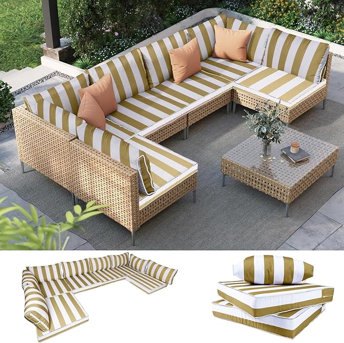 Outdoor Furniture Replacement Cushions, 14 Pcs Water-Resistant Replacement Sofa Cushion for Patio Garden Porch (Liner&Cover,Only Cushions No Sofa) (Yellow and White Stripes)