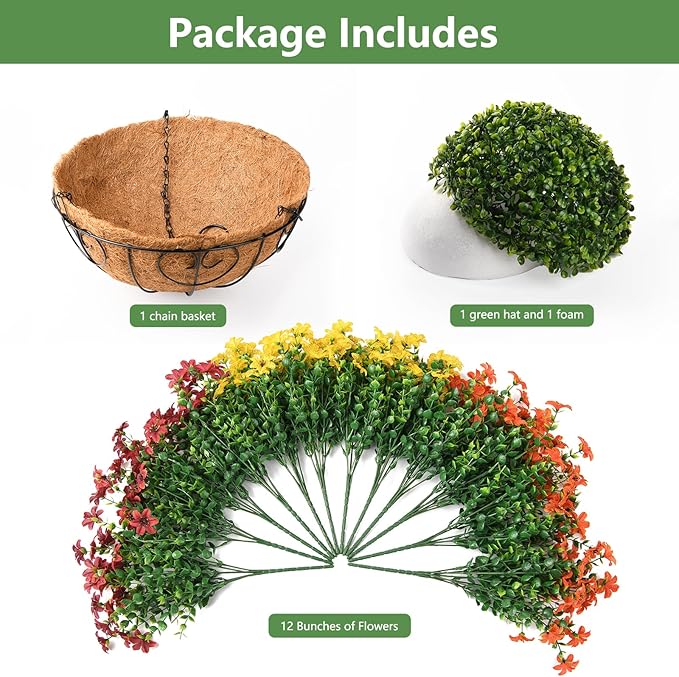 Artificial Flowers Hanging Basket Plants, Fake Mums Fall Decorations for Outdoor, Faux Silk Flower UV Resistant Autumn Decor for Outside Garden Patio Front Porch Balcony Window (Orange Brown Yellow)