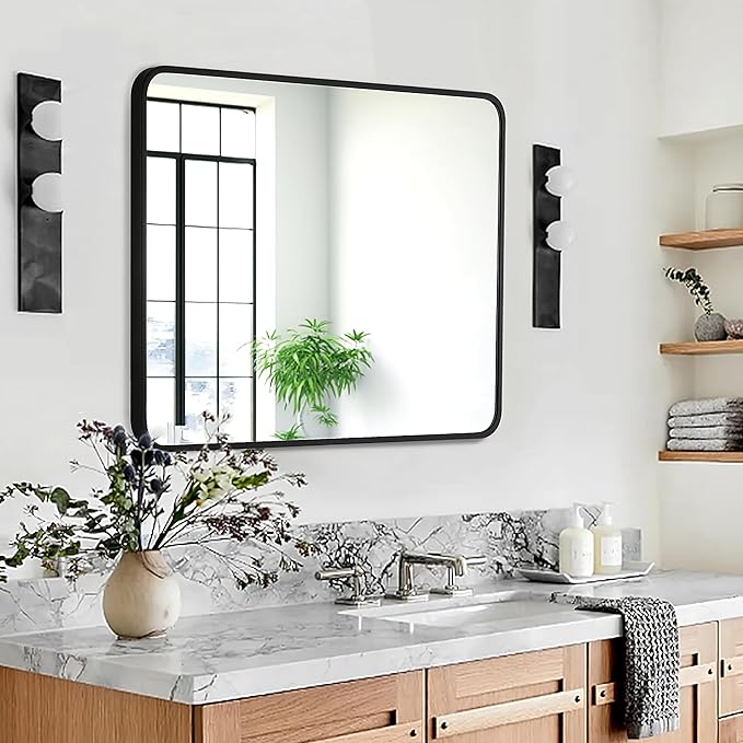 24x32 Inch Rectangle Bathroom Mirror with Black Metal Frame, Rounded Corner Rectangular Vanity Mirror for Wall, Modern Large for Bedroom, Living Room, Horizontal or Vertical