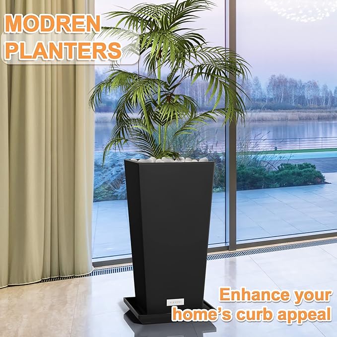 Elevens Outdoor Planter Larger Flower Pots Indoor Taper Garden V-Shape Tall Planters 29 inches Garden Pots Planter - Black（2 Packs）
